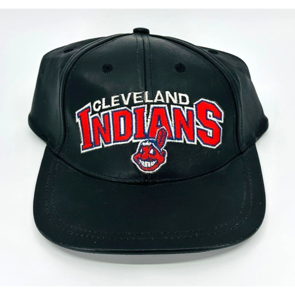 MLB Cleveland Indians Chief Wahoo Black Leather Cap Hook&Loop Strap Back Vtg NWT